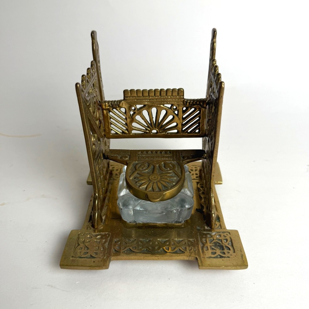 Antique Brass Ornate Desk Set Inkwell Holder Ornate Glass‎ Insert